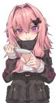  1girl eyebrows_visible_through_hair girls_frontline hair_between_eyes hair_intakes hair_ornament hairclip headphones highres holding holding_knife ivan_wang k31_(girls_frontline) knife long_sleeves looking_at_viewer parted_lips pink_hair purple_eyes sidelocks simple_background solo tactical_clothes teeth upper_body white_background 