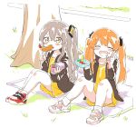  2girls commentary_request food girls_frontline highres multiple_girls obentou rice shinoe_nun shoes shrimp siblings side_ponytail sisters sitting skirt sneakers tempura twins twintails ump45_(girls_frontline) ump9_(girls_frontline) v younger 
