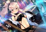 1girl alternate_costume ayanami_(azur_lane) azur_lane bangs bare_shoulders black_coat black_legwear blush breasts coat commentary_request eyebrows_visible_through_hair floating_hair hair_between_eyes hair_ornament headgear headphones high_ponytail kurot light_brown_hair long_hair looking_at_viewer navel neon_trim off_shoulder open_clothes open_coat pantyhose ponytail short_shorts shorts sidelocks small_breasts solo stage stage_lights stomach suspender_shorts suspenders twitter_username 