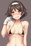  1girl black_hair blush breasts brown_eyes eyebrows_visible_through_hair gloves grey_background hair_between_eyes hairband highres kantai_collection navel open_mouth short_hair simple_background small_breasts solo tanikaze_(kantai_collection) terakoya white_gloves white_hairband 