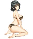  1girl anklet ass back bare_arms bare_legs bare_shoulders barefoot black_hair breasts closed_mouth erect_nipples from_side fubuki_(one-punch_man) full_body green_eyes hand_on_own_arm jewelry kneeling lang_(chikage36) large_breasts lingerie looking_at_viewer looking_to_the_side nipples one-punch_man see-through serious short_hair simple_background solo underwear underwear_only white_background 