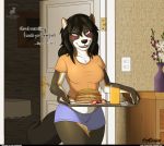  anthro black_hair blue_eyes breakfast canid canine dialogue female food hair happy kanutwolfen love mammal sally_(povinne10) solo talking_to_viewer text 