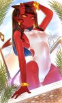  2019 bracelet breasts clothed clothing demon digital_media_(artwork) ear_piercing female hair hi_res horn humanoid jewelry long_hair looking_at_viewer meru_(merunyaa) merunyaa not_furry one-piece_swimsuit piercing pointy_ears solo spade_tail succubus swimsuit translucent transparent_clothing wet yellow_eyes 