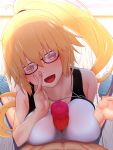  (rakuichimonji) 1boy 1girl black_glasses black_swimsuite blonde_hair blue_eyes blush braid breast_squeeze breasts fate/grand_order fate_(series) glasses hairband head_tilt highres jeanne_d&#039;arc_(fate) jeanne_d&#039;arc_(fate)_(all) jeanne_d&#039;arc_(swimsuit_archer) large_breasts long_hair nose_blush open_mouth paizuri penis ponytail pov prophecy sandals single_braid smile solo_focus swimsuit white_swimsuit 