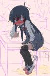  1girl @_@ antenna_hair asashio_(kantai_collection) bangs bdsm between_legs black_hair black_legwear blue_eyes blush bondage book bound breath chair classroom clenched_hand constricted_pupils crying cuffs desk dress embarrassed eraser eyebrows_visible_through_hair flat_chest full-face_blush full_body grey_dress hand_between_legs hand_up handcuffs have_to_pee highres holding indoors kantai_collection leaning_forward legs_together long_hair long_sleeves narumiya open_book open_mouth peeing peeing_self pencil pinafore_dress puddle red_footwear school_desk shirt shoes sitting sleeveless sleeveless_dress solo_focus tears textless thighhighs trembling wet wet_clothes white_shirt x-ray 