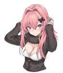 1girl blush breasts cleavage closed_mouth eyebrows_visible_through_hair girls_frontline hair_between_eyes hair_intakes hair_ornament hairclip highres ivan_wang k31_(girls_frontline) long_hair long_sleeves looking_at_viewer medium_breasts pink_hair purple_eyes sidelocks simple_background solo tactical_clothes upper_body white_background 