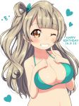  10s 1girl 2016 absurdres bikini blush bow breasts brown_eyes cleavage dated finger_to_cheek green_bow grey_hair grin hair_bow hands_on_own_chest happy_birthday heart highres large_breasts long_hair looking_at_viewer love_live! love_live!_school_idol_project minami_kotori mukuba navel one_eye_closed parted_lips side_ponytail simple_background smile solo sparkle sparkling_eyes swimsuit teeth tied_hair upper_body white_background wink 