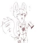  2018 :3 anthro axe blush brown_theme canid canine cheek_tuft clothed clothing coveralls dirty disney emanata eyes_closed female fox fuel_(artist) hands_behind_back head_tuft holding_object mammal melee_weapon monochrome motion_blur motion_lines neck_tuft oil simple_background skye_(zootopia) smile solo standing tailwag tuft weapon white_background zootopia 