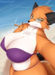  big_breasts bikini black_nose blue_eyes breasts canid canine cigar claws cleavage clothed clothing collarbone eyewear female fox fur glasses harnny hi_res huge_breasts judy_reinard looking_at_viewer mammal multicolored_tail navel orange_fur selfie sharp_claws slightly_chubby solo standing swimsuit tan_fur thong voluptuous white_fur 