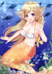  1girl :d animal bare_arms bare_shoulders bikini_top blush breasts brown_hair cleavage collarbone commentary_request day fish flower hand_up head_fins large_breasts long_hair mermaid misaki_(misaki86) monster_girl navel open_mouth original outdoors pink_flower purple_eyes scales smile solo underwater v very_long_hair water white_bikini_top 