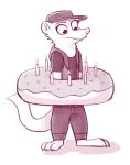  2018 anthro barefoot candle cheek_tuft claws clothed clothing cute_fangs doughnut female food fuel_(artist) hat hi_res mammal monochrome mustela mustelid musteline purple_theme sherry_(antlerweasel) simple_background solo standing toe_claws tuft white_background 