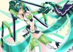  1girl absurdres akatsuki_kirika alternate_costume armor blonde_hair blush breasts closed_mouth commentary_request elbow_gloves gloves green_eyes green_gloves green_legwear headgear highres holding holding_weapon leotard looking_at_viewer medium_breasts navel navel_cutout scythe senki_zesshou_symphogear shiny shiny_hair shiny_skin shishin_(shishintei) short_hair smile solo standing striped striped_legwear thighhighs weapon 