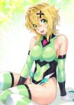 1girl akatsuki_kirika bare_shoulders blonde_hair blush breasts commentary_request covered_navel elbow_gloves eyebrows_visible_through_hair gloves green_eyes green_leotard hair_ornament highres leotard looking_at_viewer medium_breasts nagayori open_mouth senki_zesshou_symphogear shiny shiny_clothes shiny_hair shiny_skin short_hair skin_tight solo striped striped_legwear taut_clothes teeth thighhighs x_hair_ornament 