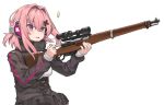  1girl eyebrows_visible_through_hair girls_frontline gun hair_between_eyes hair_intakes hair_ornament hairclip headphones highres holding holding_gun holding_weapon ivan_wang k31 k31_(girls_frontline) long_sleeves parted_lips pink_hair purple_eyes sidelocks simple_background solo tactical_clothes upper_body weapon white_background 