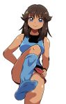  1girl bare_shoulders blue_(pokemon) blue_eyes blue_legwear blush breasts brown_hair creatures_(company) feet game_freak hand_on_hip highres long_hair looking_at_viewer medium_breasts nintendo no_shoes panties pantyshot pokemon smile socks soles solo steam underwear upskirt 