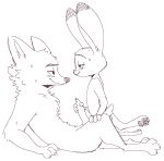  2018 animal_genitalia animal_penis anthro blush brown_and_white canid canine canine_penis cheek_tuft chest_tuft claws crossgender dipstick_ears disney duo erection eye_contact fox frottage fuel_(artist) half-closed_eyes head_tuft judy_hopps kneeling lagomorph leporid looking_at_another male male/male mammal monochrome neck_tuft nick_wilde nude pawpads penis penis_grab precum rabbit reclining sex side_view simple_background smile sweat sweatdrop toe_claws tuft white_background zootopia 