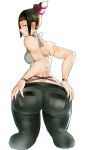  1girl artist_request ass bare_shoulders black_hair breasts capcom from_behind grin han_juri looking_at_viewer looking_back pants purple_eyes sharp_teeth shiny shiny_hair shiny_skin short_hair sideboob smile solo street_fighter street_fighter_iv teeth 
