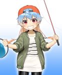  1girl akasaka_yuzu alternate_costume baseball_cap bike_shorts black_shorts blonde_hair blue_hair bucket commentary_request cowboy_shot fishing_rod gradient gradient_background gradient_hair green_background green_jacket grin hat jacket kantai_collection long_hair multicolored_hair official_art red_eyes red_headwear sado_(kantai_collection) shirt shorts skin_fang sleeves_rolled_up smile solo standing striped striped_shirt tsurime white_shirt 