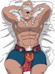  abs armpit_hair bed body_hair bulge canid canine canis clothed clothing demon happy_trail hi_res lying male mammal marchosias on_back pecs shorts solo tokyo_afterschool_summoners topless tusks vhubnh3 video_games wolf 