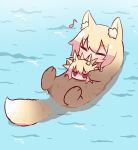  2girls afloat animal_ear_fluff animal_ears animalization bangs blonde_hair blush day eighth_note empty_eyes eyebrows_visible_through_hair eyes_closed fox_ears hair_between_eyes highres kemomimi-chan_(naga_u) long_hair lying multiple_girls musical_note naga_u on_back original otter_girl outdoors red_eyes sad sea_urchin shaded_face sidelocks water 