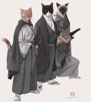  black_fur brown_fur brown_stripes cloak clothed clothing domestic_cat felid feline felis footwear fur green_sclera grey_sclera hi_res japanese_clothing juunigou katana kimono legwear looking_at_viewer male mammal melee_weapon multicolored_fur orange_fur samurai sandals simple_background socks stripes sword two_tone_fur weapon whiskers white_fur yellow_sclera 