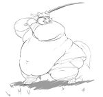  anthro belly belly_overhang big_belly big_butt black_and_white butt canid canine canis chubby_cheeks claws clothed clothing headband holding_object holding_weapon katana kazecat love_handles male mammal melee_weapon monochrome moobs morbidly_obese navel obese obese_male overweight overweight_male simple_background solo standing sword teeth thick_thighs toe_claws topless torn_clothing weapon white_background wide_hips wolf wraps wrist_wraps 