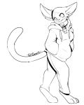  2014 amunet ankh anthro clothed clothing collar digital_media_(artwork) domestic_cat ear_piercing felid feline felis female fully_clothed hoodie line_art looking_at_viewer mammal monochrome nut-case piercing smile solo sphynx_(cat) standing 