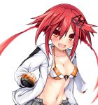  1girl black_hairband blush braid breasts cleavage clenched_hand hairband kurozero long_hair looking_at_viewer medium_breasts navel neptune_(series) open_clothes open_mouth open_shirt red_eyes red_hair solo tennouboshi_uzume twin_braids white_background 