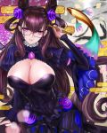  1girl absurdres amethyst_(gemstone) bangs black_dress black_gloves breasts brown_hair calligraphy_brush collar commentary_request dress eyebrows_visible_through_hair eyelashes fate/grand_order fate_(series) fingernails frilled_collar frills gem gloves hair_between_eyes hair_ornament hand_to_head hand_up highres holding_brush impossible_clothes impossible_dress jewelry juliet_sleeves large_breasts long_hair long_sleeves looking_at_viewer murasaki_shikibu_(fate) paintbrush parted_lips puff_and_slash_sleeves puffy_sleeves purple_eyes sidelocks sleeves_past_wrists solo striped teeth two_side_up upper_body vertical_stripes very_long_hair wide_sleeves ytoy 