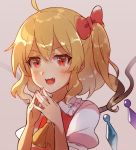  1girl 60mai :3 :d ahoge ascot bangs blonde_hair blush bow commentary_request crystal eyebrows_visible_through_hair flandre_scarlet frilled_shirt_collar frills grey_background hair_between_eyes hair_bow looking_at_viewer no_hat no_headwear one_side_up open_mouth own_hands_together puffy_short_sleeves puffy_sleeves red_bow red_eyes red_vest shirt short_hair short_sleeves sidelocks simple_background smile solo steepled_fingers touhou upper_body vest white_shirt wings yellow_neckwear 