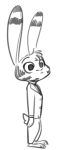  2018 ambiguous_gender anthro barefoot clothed clothing disney ear_markings facial_markings fuel_(artist) fur_markings greyscale head_tuft jack_savage lagomorph leporid mammal markings monochrome rabbit side_view simple_background solo standing suit white_background zootopia 
