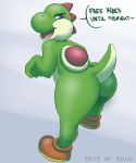  2019 3_fingers ambiguous_gender anthro blue_eyes butt clothing dialogue english_text footwear green_skin green_yoshi hi_res legwear mario_bros nintendo nude open_mouth raised_tail shinsuke shoes simple_background standing suggestive text tongue video_games watermark white_background yoshi 
