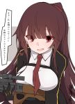 1girl bangs blazer breasts bullpup commentary_request eyebrows_visible_through_hair eyes_visible_through_hair girls_frontline gloves gun half_updo highres holding holding_gun holding_weapon jacket large_breasts long_hair looking_at_viewer necktie open_mouth red_eyes red_neckwear rifle sakakiba_misogi shirt sniper_rifle solo translation_request upper_body wa2000_(girls_frontline) walther walther_wa_2000 weapon white_shirt 