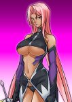  1girl areola_slip areolae bare_shoulders breasts cleavage dark_skin gloves highres image_sample ingrid_(taimanin_asagi) large_breasts lipstick long_hair looking_at_viewer makeup mole navel parted_lips pink_hair pixiv_sample purple_lipstick smile solo standing sword taimanin_(series) taimanin_asagi taimanin_murasaki underboob very_long_hair weapon yellow_eyes 