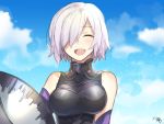  1girl bare_shoulders blue_sky blush bodysuit breasts cloud elbow_gloves eyes_closed fate/grand_order fate_(series) gloves hair_over_one_eye large_breasts mash_kyrielight nikame purple_hair short_hair sky smile solo 