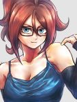  1girl alternate_hairstyle android_21 bangs bare_shoulders black-framed_eyewear blue_eyes breasts cleavage collarbone curly_hair detached_sleeves dragon_ball dragon_ball_fighterz glasses looking_at_viewer medium_breasts messy_hair red_hair smile solo st62svnexilf2p9 tank_top tied_hair 