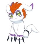  ambiguous_gender claws digimon digimon_(species) fur gomamon green_eyes hair hi_res mammal marine markings mohawk papilrux pinniped simple_background solo white_fur 