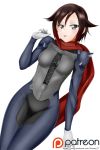  1girl :p alfred_cullado asymmetrical_hair blue_bodysuit blush bodysuit breasts brown_hair corset cosplay dutch_angle gloves gradient_hair grey_eyes hair_between_eyes highres long_sleeves looking_at_viewer medium_breasts multicolored_hair niijima_makoto niijima_makoto_(cosplay) patreon_logo persona persona_5 red_hair ruby_rose rwby short_hair simple_background solo standing tongue tongue_out two-tone_hair watermark white_background white_gloves 