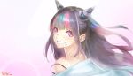  1girl black_hair chin_piercing danganronpa ear_piercing earrings eyebrows_visible_through_hair floating_hair from_side grin highlights highres jewelry long_hair looking_at_viewer mioda_69ch mioda_ibuki multicolored_hair off_shoulder piercing pink_eyes portrait shiny shiny_hair shiny_skin signature smile solo super_danganronpa_2 tied_hair white_background 