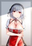  1girl alternate_color arm_across_waist azur_lane bangs blush breasts choker cleavage closed_mouth collarbone dress eyebrows_visible_through_hair hair_between_eyes hairband highres lace-trimmed_hairband large_breasts looking_at_viewer milllim puffy_sleeves red_eyes short_hair short_sleeves sidelocks sirius_(azur_lane) solo white_hair 