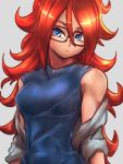  1girl android_21 black-framed_eyewear blue_eyes blue_shirt breasts brown_hair closed_mouth commentary_request curly_hair dragon_ball dragon_ball_fighterz expressionless glasses grey_background grey_jacket jacket long_hair looking_at_viewer medium_breasts off_shoulder shirt solo st62svnexilf2p9 upper_body very_long_hair 