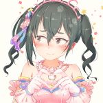  1girl bangs bare_shoulders black_hair blush brown_eyes closed_mouth collarbone dress eyebrows_visible_through_hair gloves gomennasai grey_background hair_between_eyes hair_ornament hands_up heart heart_hands idolmaster idolmaster_cinderella_girls jewelry looking_away looking_to_the_side mole mole_under_eye necklace nose_blush pearl_necklace pink_dress pink_gloves simple_background solo star star_hair_ornament strapless strapless_dress sunazuka_akira tiara twintails 