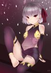  1girl absurdres anklet arm_support bangs bare_shoulders barefoot black_panties bridal_gauntlets chinese_clothes closed_mouth collarbone covered_navel dudou earrings elbow_gloves eyebrows_visible_through_hair fate/grand_order fate_(series) gloves gold hair_ribbon highres jewelry john_zerowb kama_(fate/grand_order) leg_up looking_at_viewer navel panties petals purple_legwear purple_shirt red_eyes red_ribbon ribbon ring see-through shirt silver_hair sitting smile solo thighhighs toeless_legwear toes underwear 