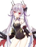  1girl :d azur_lane bangs bare_shoulders black_bow black_dress black_sleeves blush bow breasts charite cleavage collarbone commentary_request covered_navel detached_sleeves dress eyebrows_visible_through_hair fang fur_trim hair_between_eyes hair_bow hair_ornament heart heart_hair_ornament highres impossible_clothes impossible_dress long_hair long_sleeves looking_at_viewer open_mouth purple_hair red_eyes short_dress simple_background sleeveless sleeveless_dress small_breasts smile solo twintails untying vampire_(azur_lane) very_long_hair white_background 