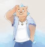  2019 absurd_res anthro blush brown_fur clothing fur gouryou hi_res hoodie humanoid_hands male mammal mohawk nele_chung pants shirt simple_background slightly_chubby solo suid suina sus_(pig) tokyo_afterschool_summoners video_games wild_boar 