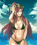  1girl bikini breasts cleavage fire_emblem fire_emblem_heroes highres large_breasts loki_(fire_emblem_heroes) long_hair nintendo red_hair sky smile swimsuit water 