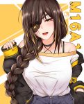  1girl :d absurdres bangs bare_shoulders black_jacket blonde_hair blouse blue_pants blush braid breasts brown_eyes brown_hair character_name collarbone eyepatch girls_frontline half-closed_eye hand_in_pocket hand_up highres jacket large_breasts long_hair long_sleeves looking_at_viewer m16a1_(girls_frontline) mole mole_under_eye multicolored_hair off_shoulder open_clothes open_jacket open_mouth pants scar scar_across_eye smile solo streaked_hair upper_body white_blouse wide4358 