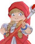  1girl bangs blonde_hair blue_eyes bracelet braid dragon_quest dragon_quest_xi eyebrows_visible_through_hair hand_on_hip hat hit-kun holding holding_staff jewelry long_hair puffy_short_sleeves puffy_sleeves red_headwear short_sleeves simple_background smile solo staff twin_braids veronica_(dq11) white_background 