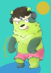  2018 anthro belly blue_background clothing fur green_fur halloween holidays humanoid_hands male mammal nele_chung nipples shorts simple_background solo tongue tongue_out ursid 
