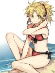  1girl adjusting_hair bikini blonde_hair braid breasts fate/grand_order fate_(series) french_braid green_eyes groin medium_breasts mordred_(fate)_(all) mordred_(swimsuit_rider)_(fate) navel nikame ocean ponytail red_scrunchie scrunchie side-tie_bikini sketch smile solo swimsuit water wet white_background 